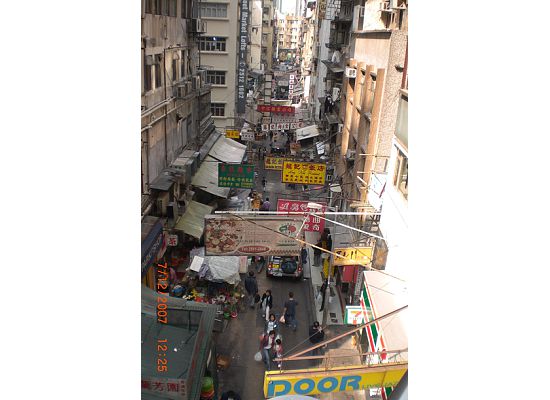 Typical Hong Kong street view by looking down from the outdoor escalator.