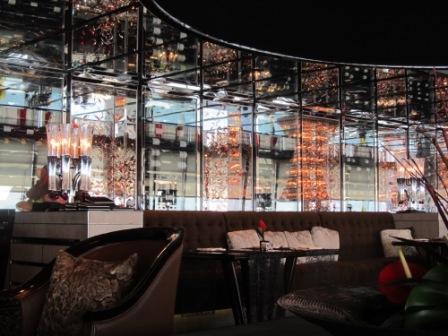 The wine racks behind the seats in the Lounge and Bar, Ritz Carlton Hong Kong