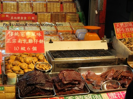 Look at the freshly made pastry and jerky in Lei Yue Mun, a Hong Kong seafood district