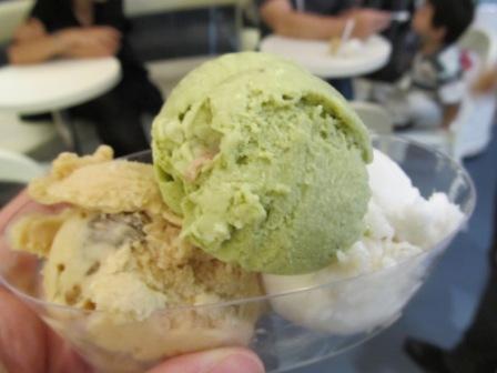 Here is the ice-cream we got from GinoGelato.  (Bottom left) caramel-dark chocolate brownie; (Top) long an-green tea and (bottom right) lychee-ginger-lime