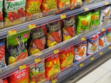 Here are some more flavors, such as tomato and sushi flavored chips.  On the bottom right corner, there are regular American brand chips.