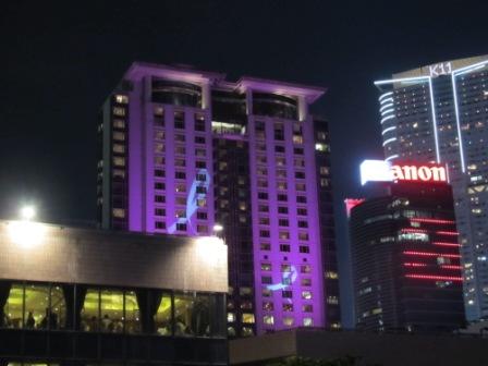 Just before the Symphony of Lights starts, lights shines on some of the participating buildings.  This is the Peninsula Hotel featuring the awareness of breast cancer.